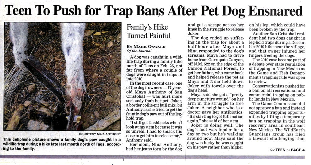 ABQ Journal - Teen to push for trap ban after pet dog ensnared